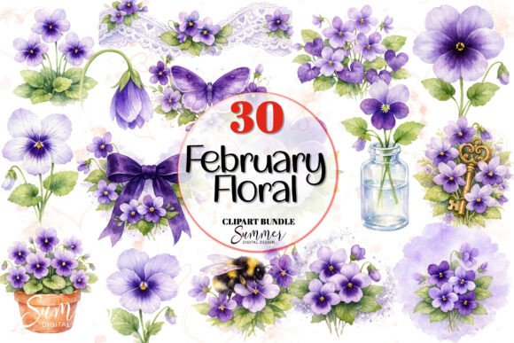 Download February Violet Floral Watercolor Clipar - February Collection