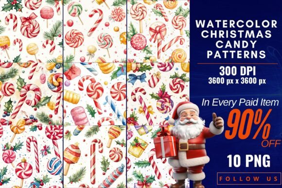 Download Watercolor Christmas Candy Patterns - Pattern Collection